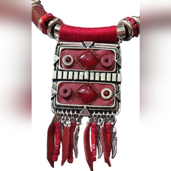 PARIS Necklace Ethnic Tribal Statement Solid Reversible Red & Silver - Picture 8 of 13